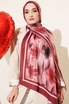 Akvarel Desen Bambu Kraş Şal Bordo 