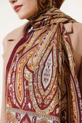 Antik Desen Soft Şal Bordo Camel - Başörtüsü