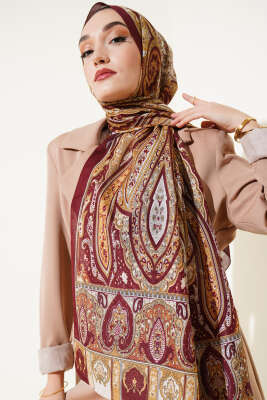 Antik Desen Soft Şal Bordo Camel - Başörtüsü
