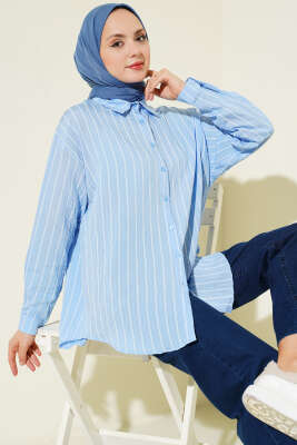 Arka Çift Pileli Çizgili Gömlek Mavi - BIGDART
