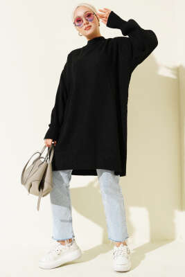 Asimetrik Kabartma Çizgili Triko Tunik Siyah