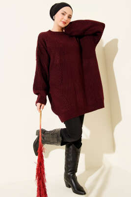 Asimetrik Kabartmalı Triko Tunik Bordo - Tunik