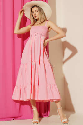 Askılı Gipeli Kat Kat Midi Elbise Pembe - CALİENTE