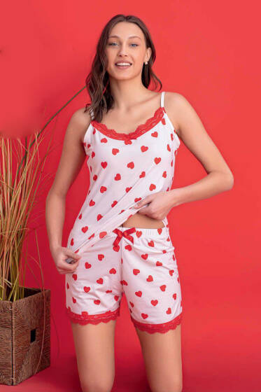 Askılı Kalp Desen Şortlu Pijama Takımı Ekru - Pijama & Gecelik