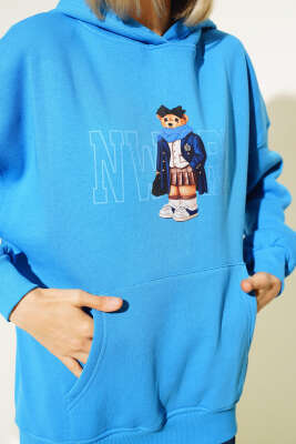 Ayıcık Baskılı Kapüşonlu Şardonlu Sweatshirt Saks - Kadın Giyim Modelleri