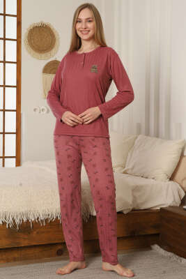 Ayıcık Nakışlı Fitilli Uzun Kol Pijama Takımı Magenta - GLİSA