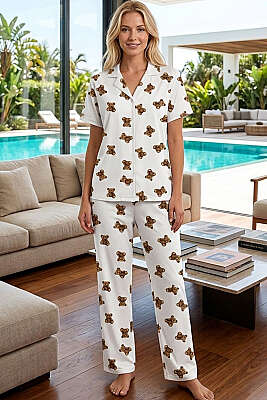 Ayıcıklı İnci Düğmeli Kısa Kollu Pijama Takımı Beyaz - IŞILAY