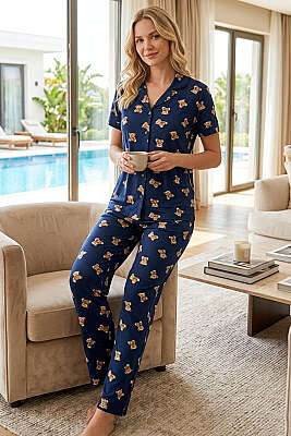 Ayıcıklı İnci Düğmeli Kısa Kollu Pijama Takımı Lacivert - IŞILAY