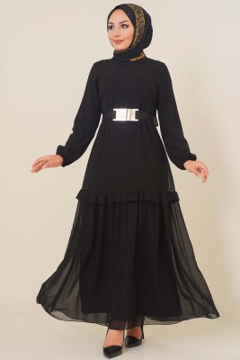 Ayna Kemer Tokalı Siyah Şifon Elbise