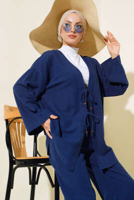 Bağcık Detaylı Kimono İkili Takım Lacivert 