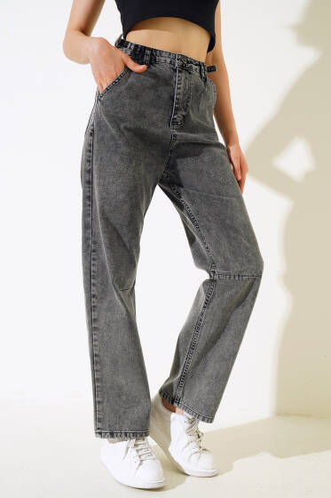 Baggy Yan Tokalı Kot Pantolon Siyah Açık Kar - Kadın Giyim Modelleri