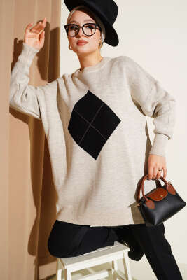 Baklava Çizgi Detaylı Triko Tunik Taş