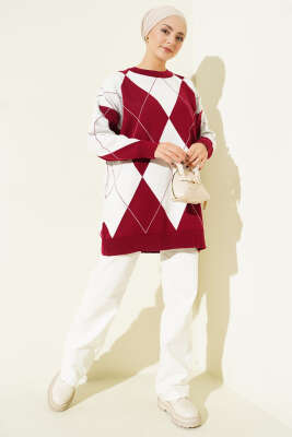 Baklava Desenli Basic Triko Tunik Bordo - Tunik