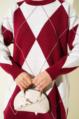 Baklava Desenli Basic Triko Tunik Bordo - Tunik