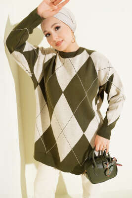 Baklava Desenli Basic Triko Tunik Haki 