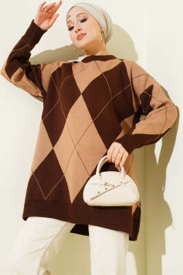 Baklava Desenli Basic Triko Tunik Kahve 
