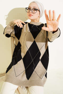 Baklava Desenli Basic Triko Tunik Vizon 