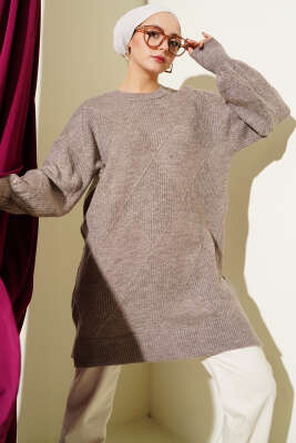 Baklava Kabartmalı Yumoş Triko Tunik Vizon - KILIÇ TRİKO