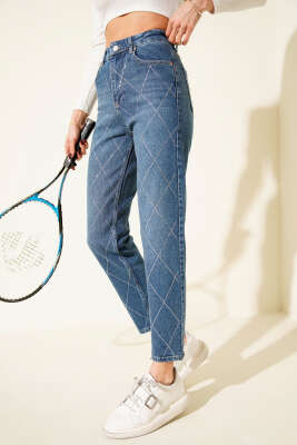 Baklava Taşlı Mom Jeans Pantolon Mavi - HEPYEK