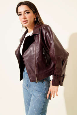 Balon Kol Çapraz Fermuar Kısa Deri Ceket Mürdüm - Kadın Giyim Modelleri