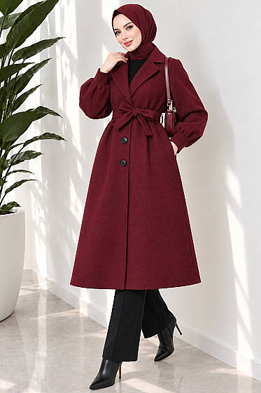 Balon Kollu Uzun Model Bordo Kaşe Kaban - Kaban