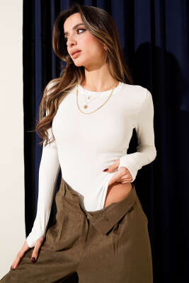 Basic Bisiklet Yaka Bodysuit Ekru 