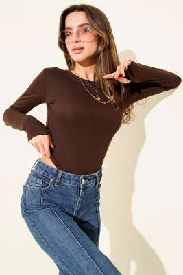 Basic Bisiklet Yaka Bodysuit Kahve 
