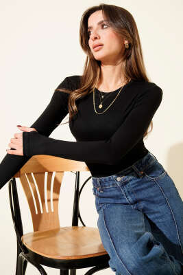 Basic Bisiklet Yaka Bodysuit Siyah - Kadın Giyim Modelleri