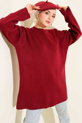 Basic Bisiklet Yaka Düz Triko Tunik Bordo 