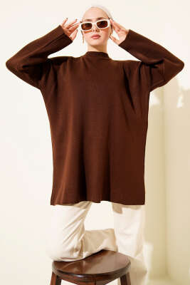 Basic Bisiklet Yaka Düz Triko Tunik Kahve 