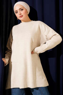 Basic Bisiklet Yaka Düz Triko Tunik Taş 