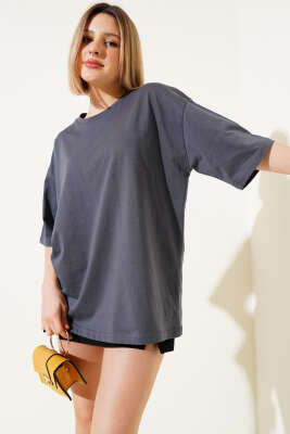 Basıc Oversize T-Shirt Füme - Yeni Giyim