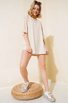 Basıc Oversize T-Shirt Bej - Yeni Giyim