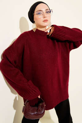 Basic Oversize Triko Tunik Açık Bordo 