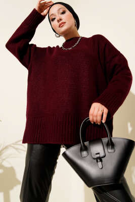 Basic Oversize Triko Tunik Bordo - Tunik