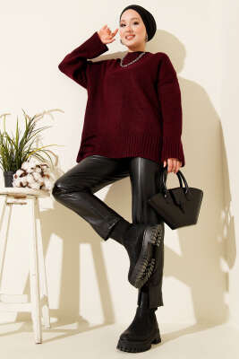 Basic Oversize Triko Tunik Bordo - Tunik