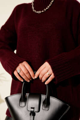 Basic Oversize Triko Tunik Bordo - Tunik