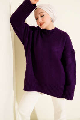 Basic Oversize Triko Tunik Mor 