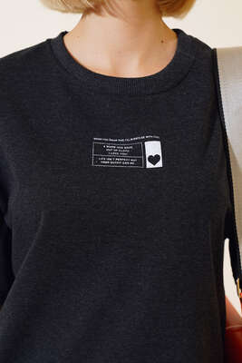 Baskılı Kısa T-shirt Antrasit - Yeni Giyim
