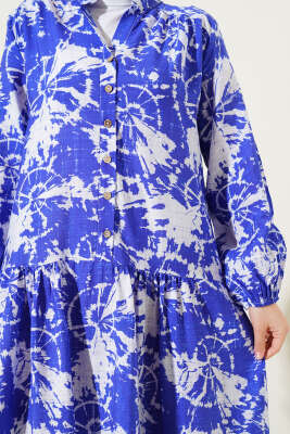 Batik Desen Yarım Düğmeli Elbise Saks - Elbise