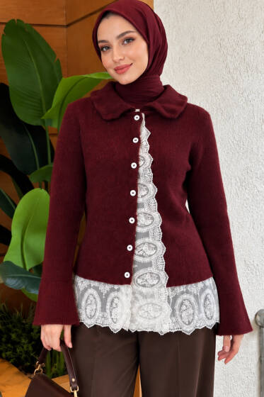 Bebe Yaka Dantel Detaylı Triko Hırka Bordo - Hırka