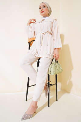 Bebe Yaka Fermuarlı Takım Bej 