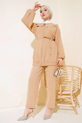 Bebe Yaka Fermuarlı Takım Latte 