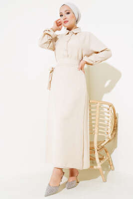 Bel Bağlamalı Etekli Keten İkili Takım Bej 