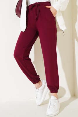 Bel İpli Paça Lastikli Jogger Pantolon Bordo 