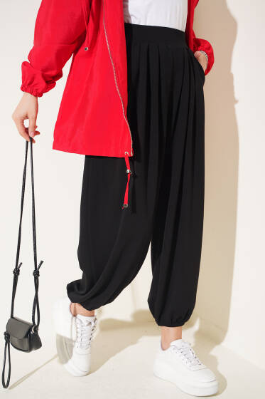 Bel Lastik Detaylı Şalvar Pantolon Siyah - Pantolon