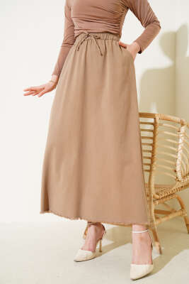 Bel Lastikli Cepli Gabardin Etek Camel 