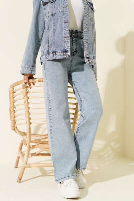 Bel Lastikli Çift Düğmeli Kot Pantolon Mavi