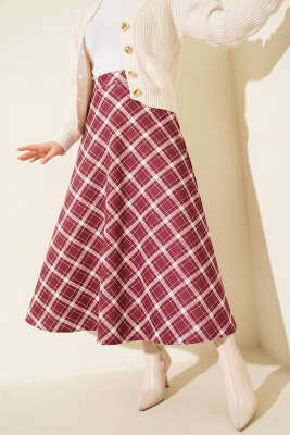 Bel Lastikli Ekoseli Scuba Etek Gül Kurusu