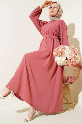 Bel Lastikli Kuşaklı Ayrobin Elbise Gül Kurusu 